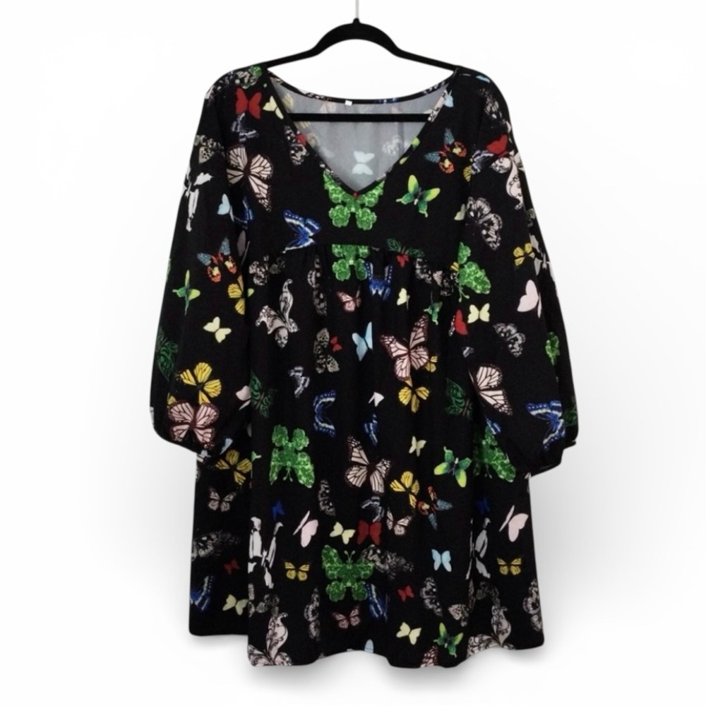 Colorful Butterfly Print Black Mini Dress – Long Sleeve V‑Neck, Size L/XL, NWOT - Picture 11 of 12
